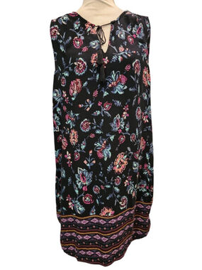 BeachLunchLounge Black Floral Sleeveless Tunic Top Mini Dress Size M Boho Tassel